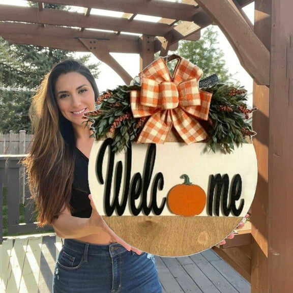 Aminojy Front Door Welcome Sign Hanging Thanksgiving Fall Welcome Sign 12 Inches Rustic Pumpkins Front Door Decor with Handmade Bow Knot Round Wood Hanging Welcome Sign Porch Decorations