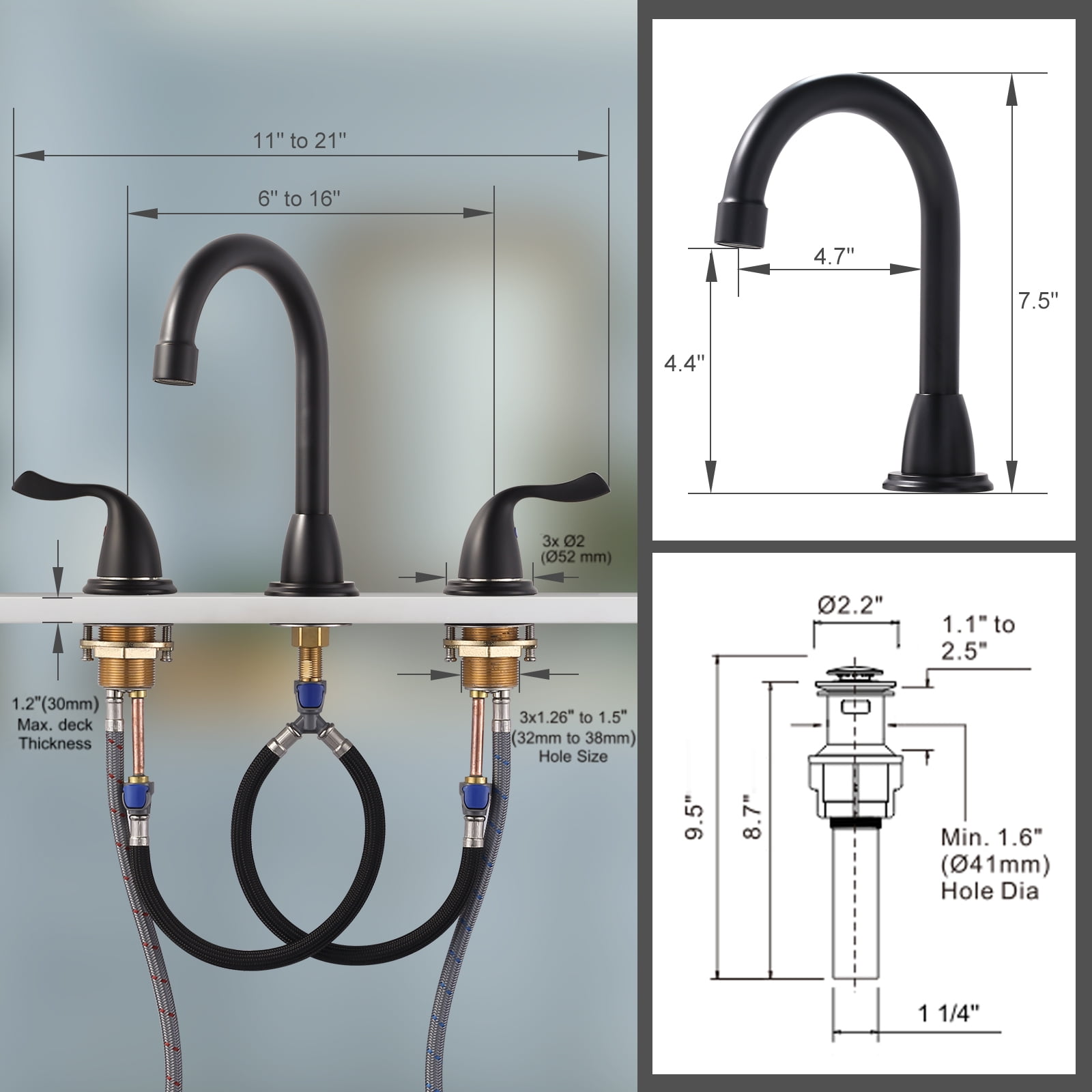 Matte Black Bathroom Faucet 3 Hole, WOWOW 8 Inch Widespread Bathroom Faucet, 2 Handles Bathroom Sink Faucet with Pon Up Drain and cUPC Supply Lines, 360 Swivel Faucet for Bathroom Sink