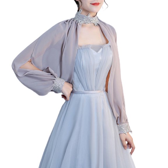 HeroNeo Women Elegant Side Split Long Sleeve Wedding Shawl Cape Halter Neck Chiffon Shrug Capelet Open Front Backless Floral Lace Bridal Jacket Bolero