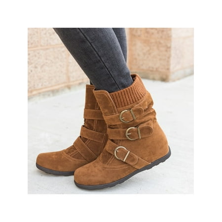 

Avamo Women s Ankle Boots Winter Shoes Comfort Round Toe Flat Heel Mid Calf Bootie