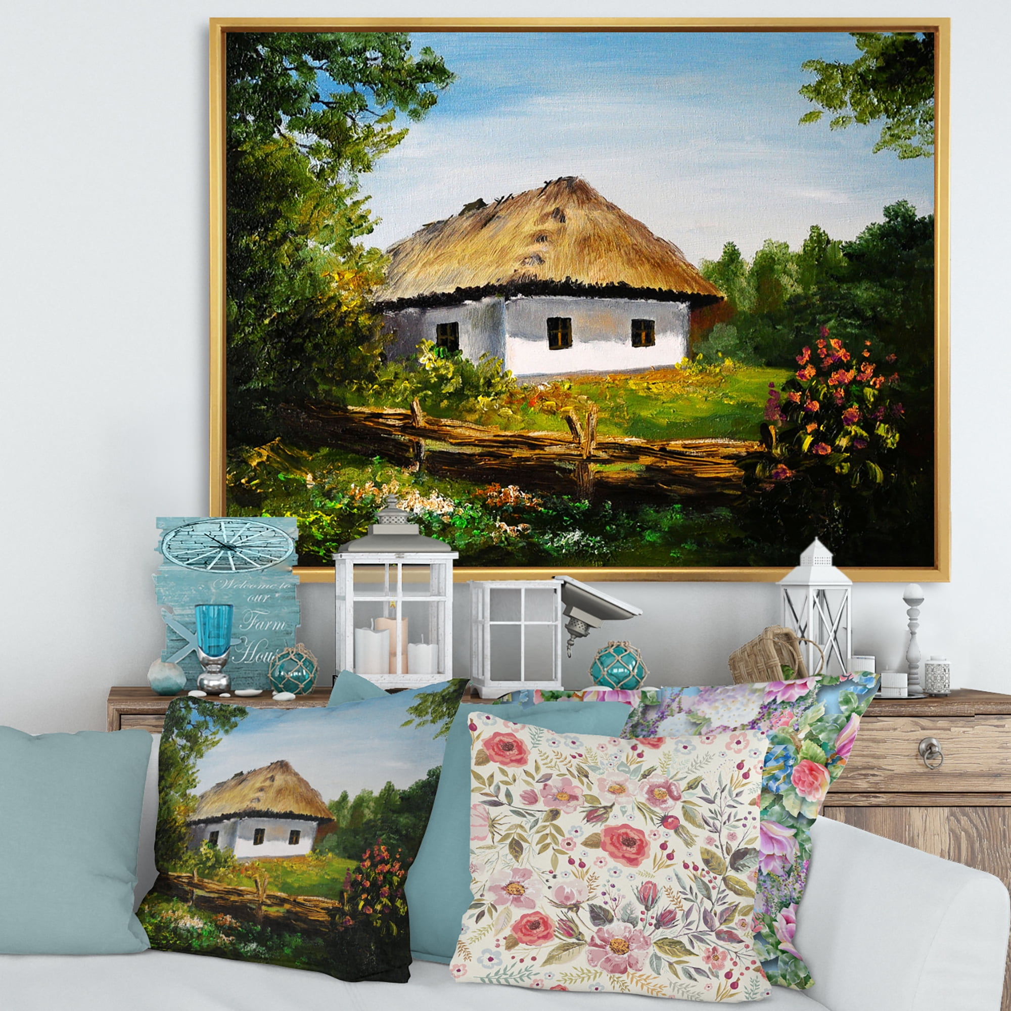 Designart 'Traditional Cottage At Sunrise In Summer' Traditional Framed Canvas Wall Art Print