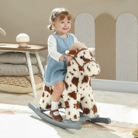Qaba Kids Rocking Horse, Animal Rocker with Rabbit Toy and Realistic Neigh for Toddlers, Soft Filling Ride on Pony, Brown