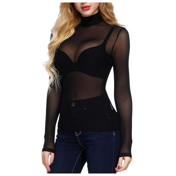 LNGOOR Tops for Women Trendy Long Sleeve Fashion Shirts Pullover Tops Loose Fit Tee Blouse Tops Solid Color Casual Tunic Top Mesh Bottom Tops Blouse