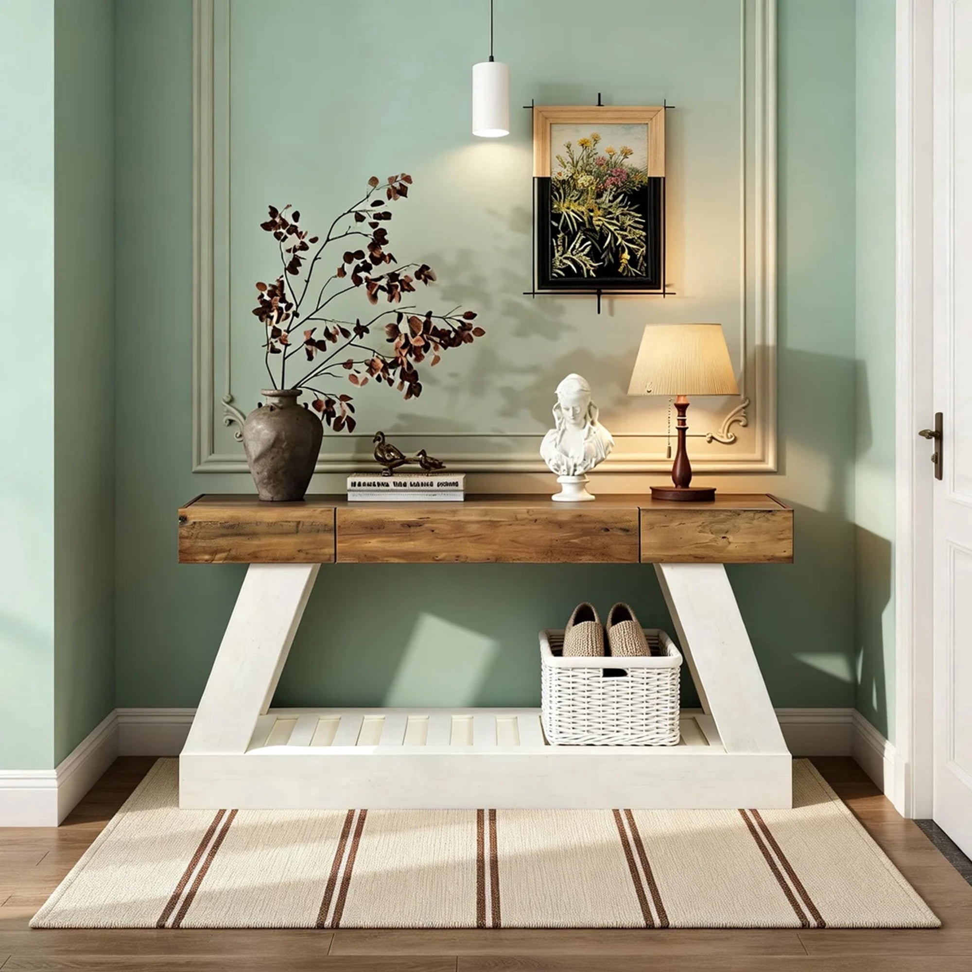 OKD 60" Wood Console Table, Farmhouse 2-Tier Sofa Table Entryway Table with Drawer & Heavy Duty Base for Entrance, Hallway, Living Room - Antique White