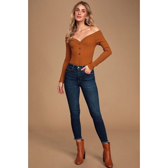 LULUS Lilyth Off The Shoulder Ribbed Bodysuit In Rust Size S