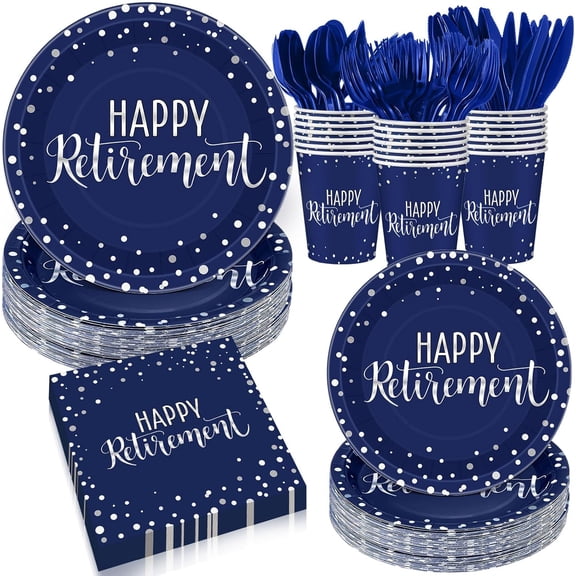 192 Pcs Retirement Party Decorations Happy Retirement Paper Plates and Napkins Set with Cups and Knife Fork Spoon, Farewell Party Disposable Tableware for 24 Guest (Blue, 192 Pcs)