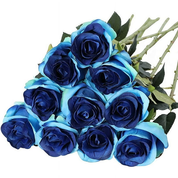 Nvzi Rosas artificiales realistas con tallos para decoración de ramos de novia, 10 unidades (azul degradado)
