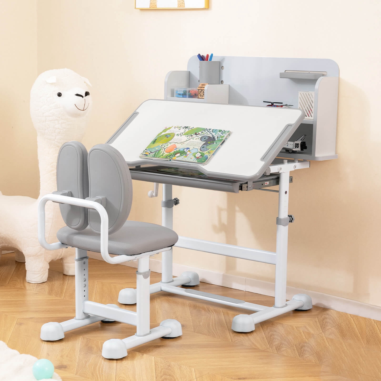 Costway Kid’s Study Desk & Chair Set with Tilt Desktop, Pen Holder & Tray, Reading Stand Gray