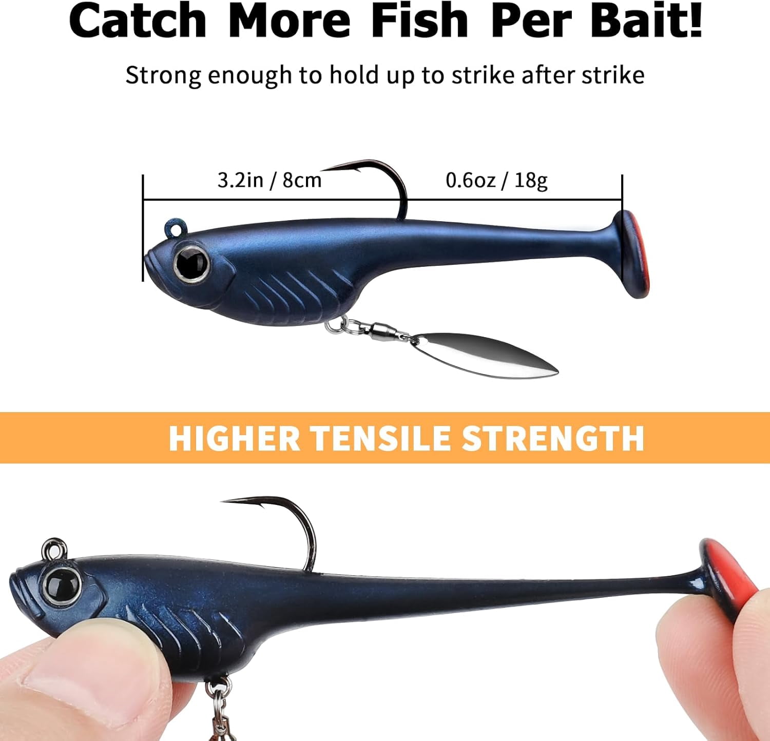 TRUSCEND Easy Catch Shadtale with BKK Branded Hook, Unique Vibrating Swim and Trembly Jigging Action for More Bites, Durable TPE Soft Fishing Lures for Bass Crappie Trout Walleye, Keep Separately