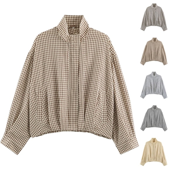 BFRGSIJ Gingham Jacket for Women Long Sleeve Stand Collar Zip Up Plaid Shacket Casual Preppy Outerwear for Spring Fall M