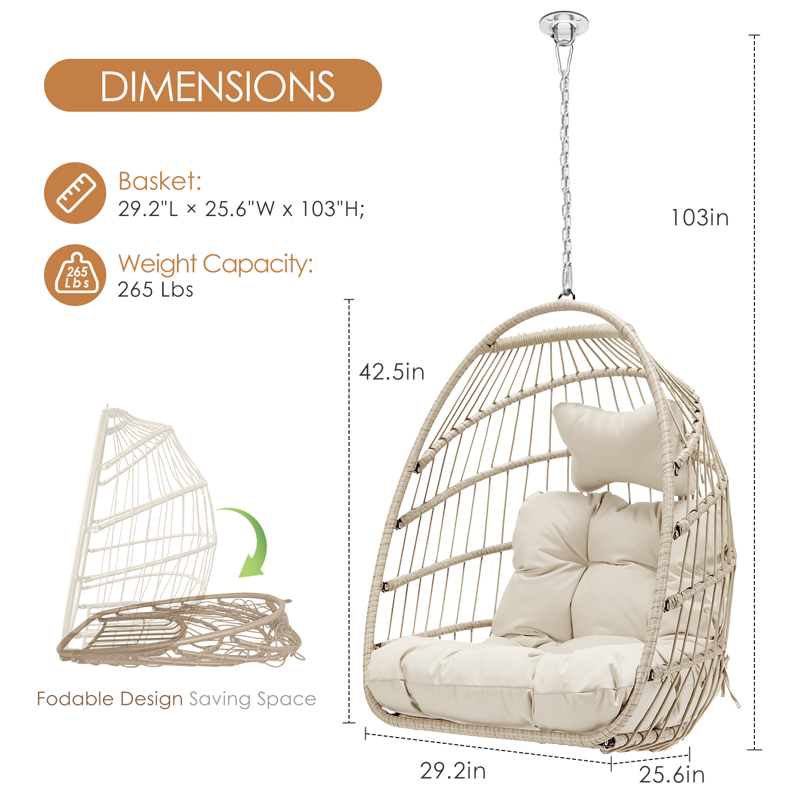 NICESOUL Beige Wicker Hanging Swing Egg Chair Without Stand Outdoor ...