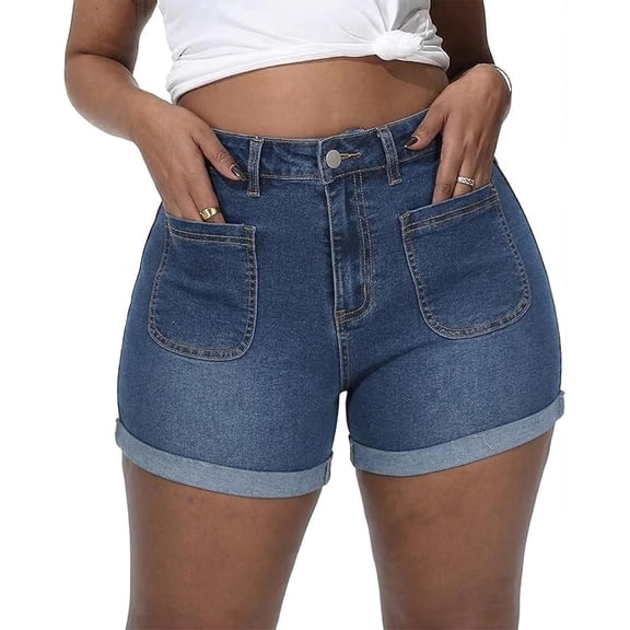 Gocolloa Women Plus Size Jean Shorts Stretchy 3.5" Sexy Trendy Patch Pocket High Waisted Denim Shorts Royal Blue 22W