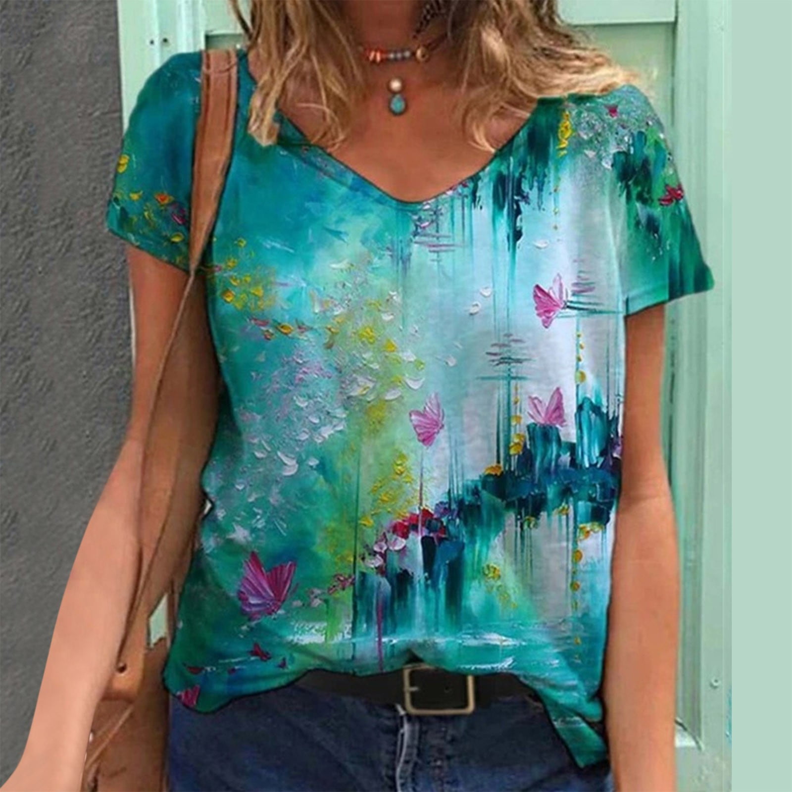 Bpbtti Women's Pleated Puff Sleeve Top - V-Neck Loose Fit T-Shirt, Casual Dressy Blouse - View #11