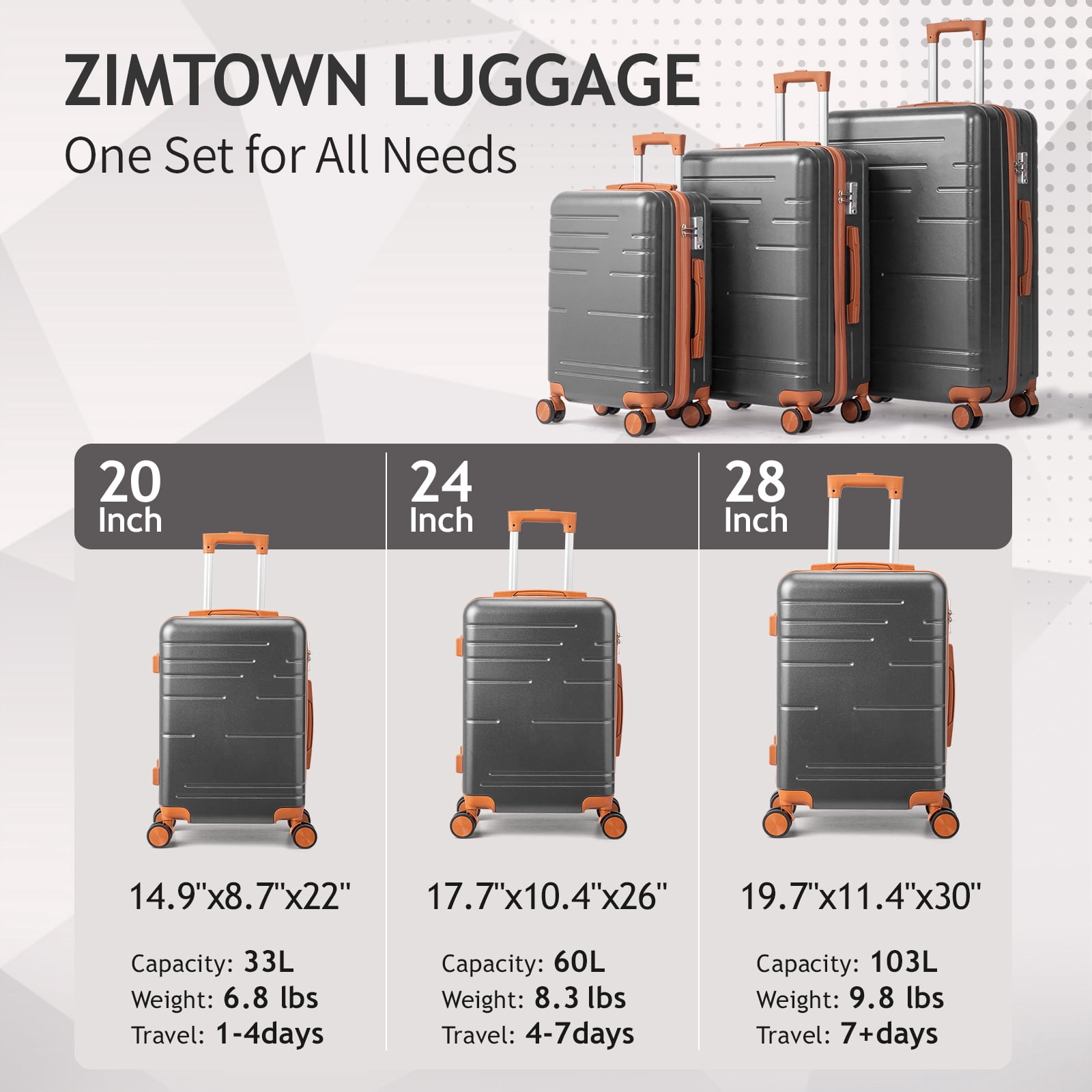 Zimtown 3 Piece Luggage Set, ABS Hardside Lightweight Suitcase with TSA Lock Spinner Wheels, Gray