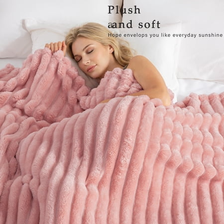 Exclusivo Mezcla Fleece Throw Blanket for Couch, Super Soft 3D Striped Jacquard Blanket, Lightweight Fuzzy Cozy Blankets, Pink, 50"x60"