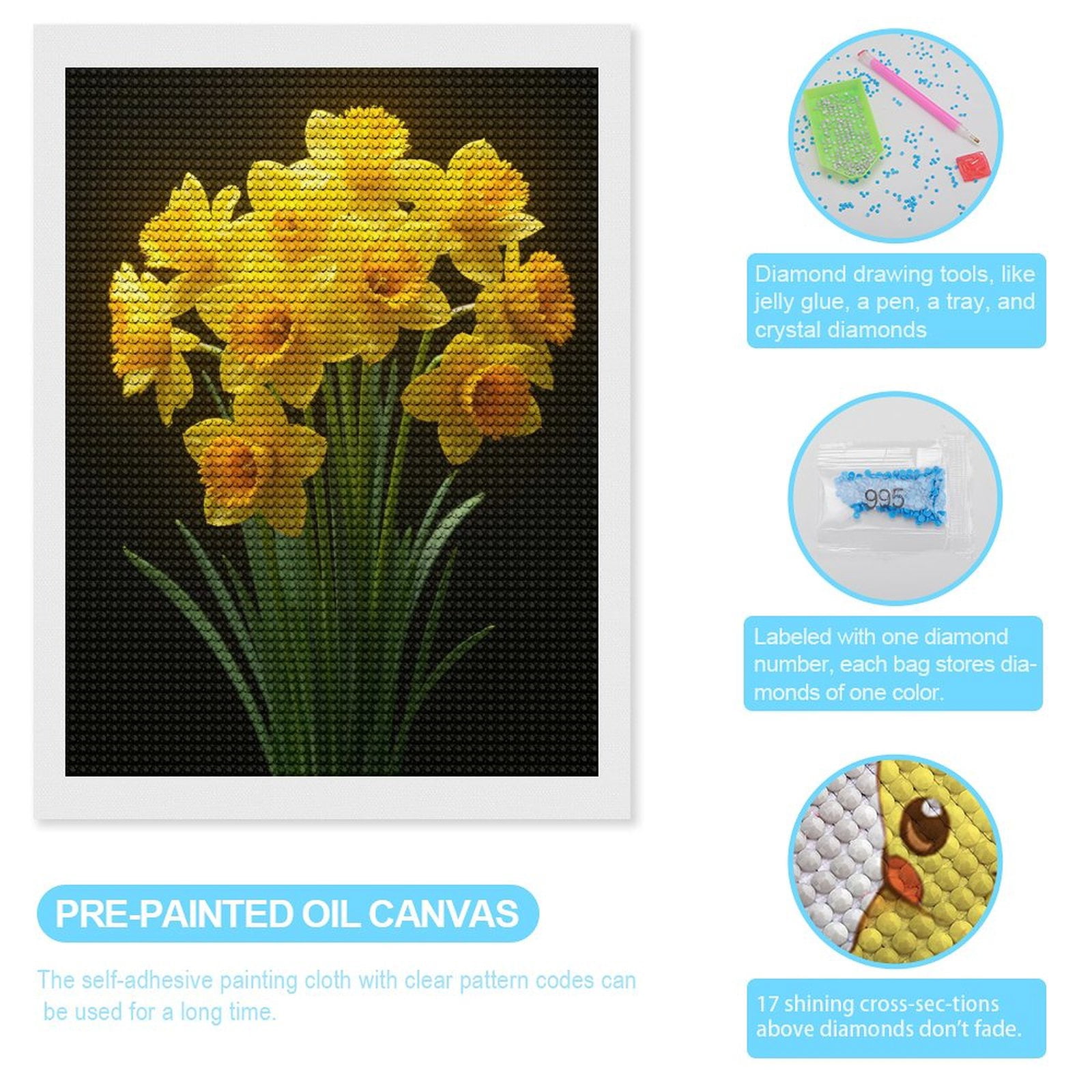 Diamond Art Kits for Adults, Yellow Daffodils Bouquet Bloom 5D Diamond Painting Kits for Adults Beginners, DIY Full Drill Diamond Painting, Gem Art and Crafts 12x16