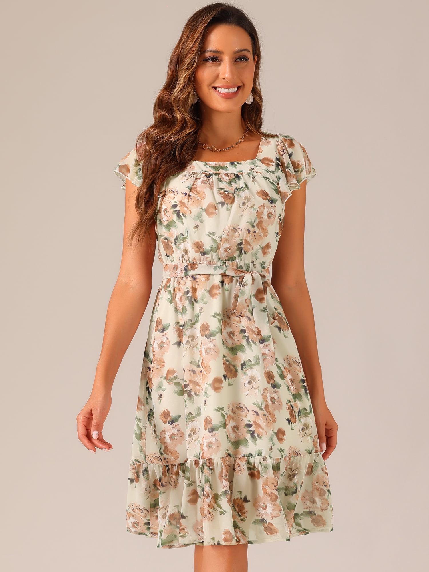 DARING DIVA Square Neck Flutter Sleeve A-Line Midi Dress XL Beige