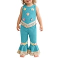 thumbnail image 2 of Mifsaly Toddler Girls 2 Piece Boho Outfits Set Sleeveless Ribbed Knit Tank Tops and Flare Pants with 3D Crochet Flowers Tassel Trim Vintage Summer Cute Daily Wear Clothes, 2 of 9