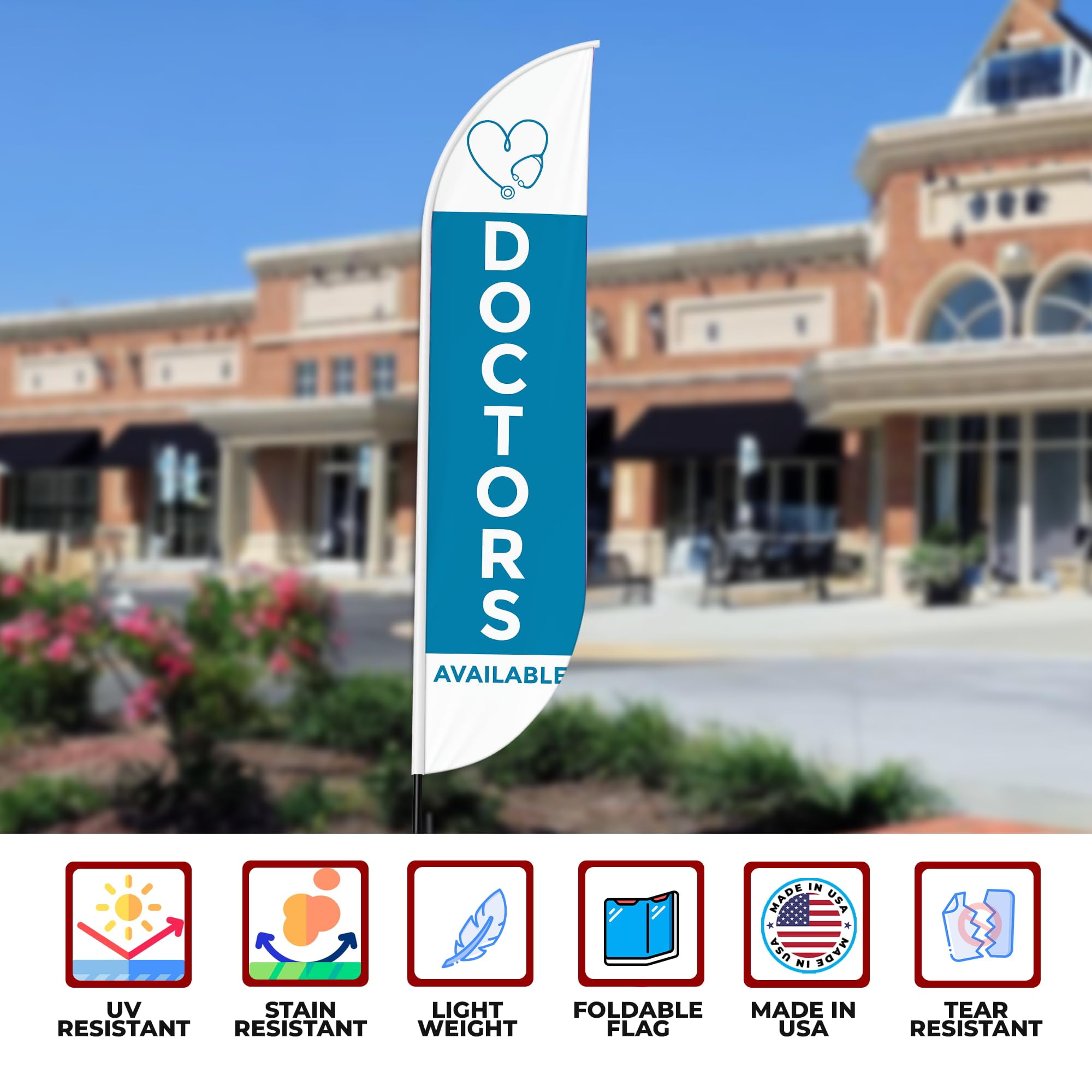 Doctors Available Sign feather flag for Outdoor by Mavis Print | 11.5 FEET Long Polyester Outdoor Banner Flag | HD Print Swooper I Flag Only to Promote Medicine| Made in USA I Flag Only