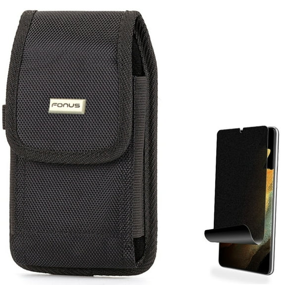 Privacy Screen Protector w Case Belt Clip for Samsung Galaxy S21 Ultra - TPU Film Anti-Peep (Fingerprint Works), Rugged Holster Canvas