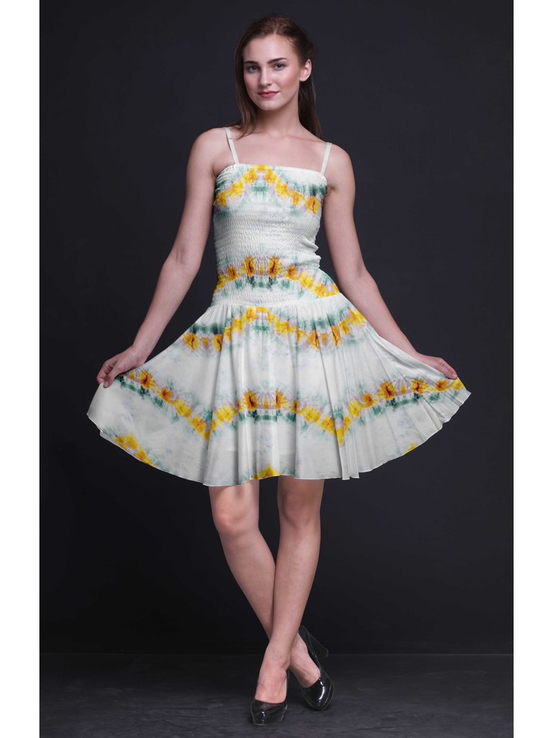 Bimba Tie-Dye Women Smocked Above Knee Cocktail Dress Flowy Summer Sun Dress-Small