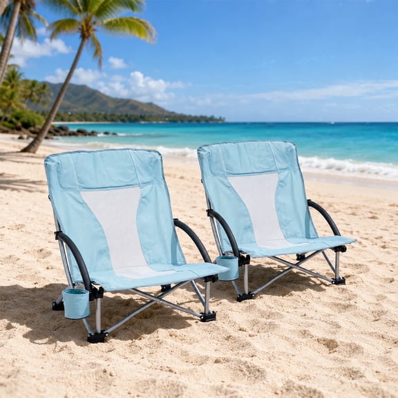 Low Profile Folding Beach Chair, Portable Lightweight Outdoor Chair for Camping, Picnic and Sports, with Cup Holder and Carry Bag(Two-Pack)