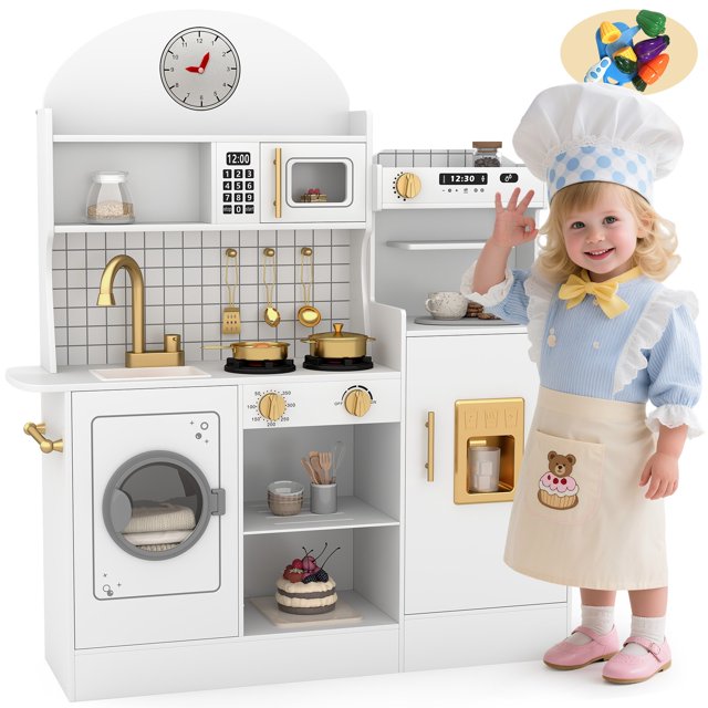 JOYLDIAS Kids Play Kitchen Set Pretend Wooden Kitchen Playset Toy with Sound and Light, Oven, Washing Machine, Accessories