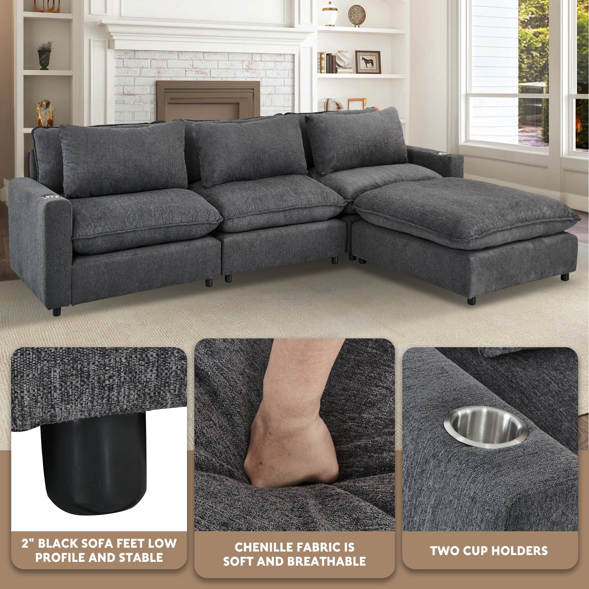Aukfa 128" Modular Sectional Sofa with Cup Holders, Chenille L Shaped Couch with Convertible Chaise, Dark Gray