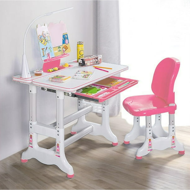 Sunyuan Kids Desk And Chair Set Height Adjustable Children School Study With Tilt Desktop Bookstand Led Lamp Metal Hook Storage Drawer For Boys Girls Pink Com Sunyuan Kids Desk And Chair Set Height, Pink Metal School Desk