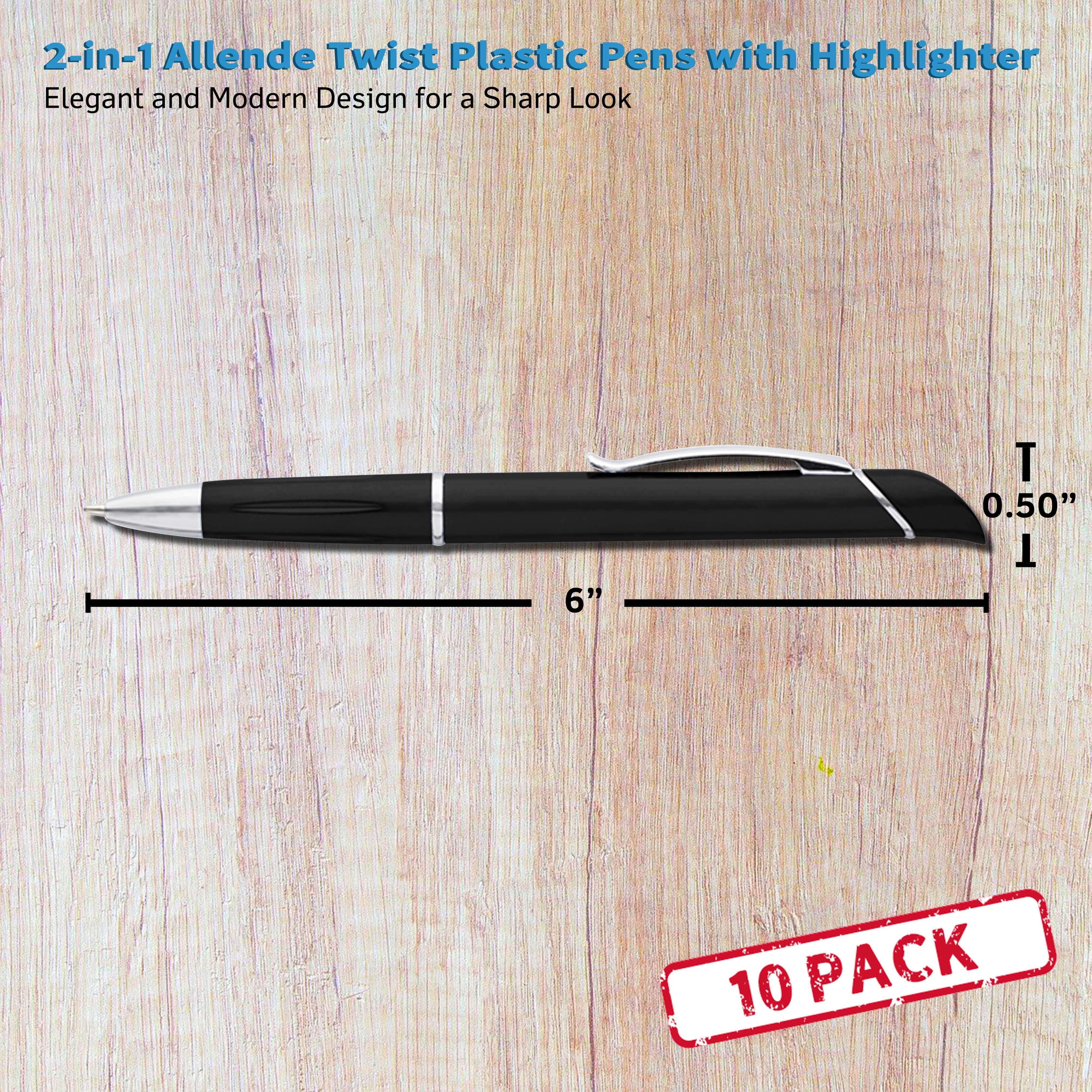10 Allende Twist Plastic Pens with Highlighter Pack - Stylish, Durable, Black Ink - Black