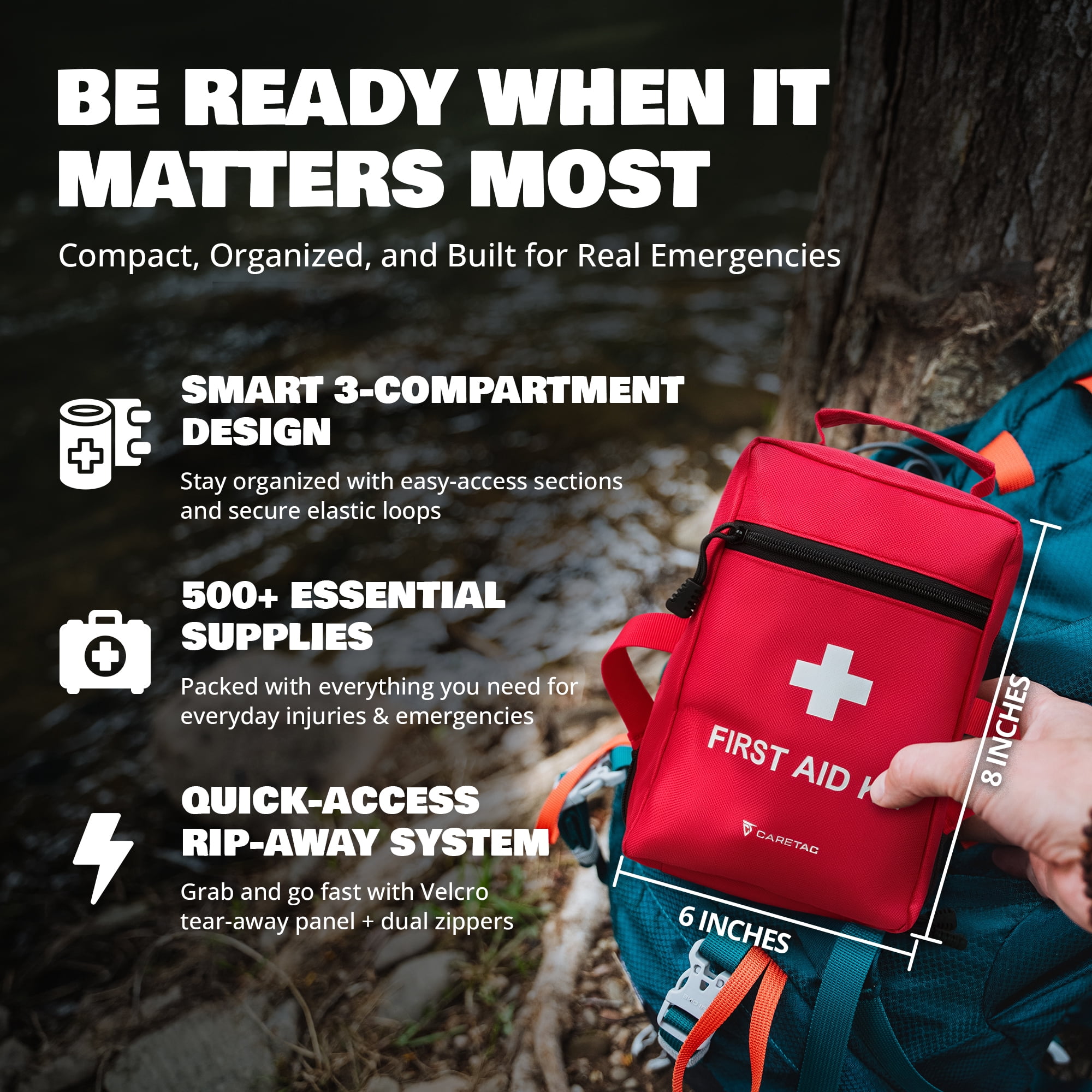 CareTac 500+ Piece Premium Large First Aid Kit, Fully Stocked Emergency Medical Bag