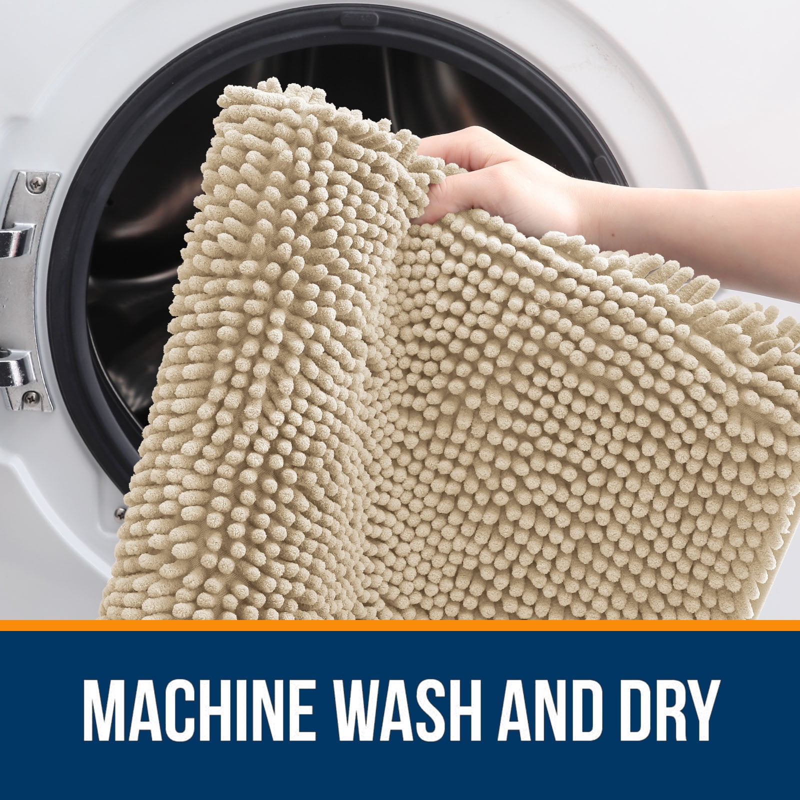 Buganda Bathroom Rugs 59x20, Quick Dry Machine Washable Chenille Bath Mats with Rubber Backing, Beige