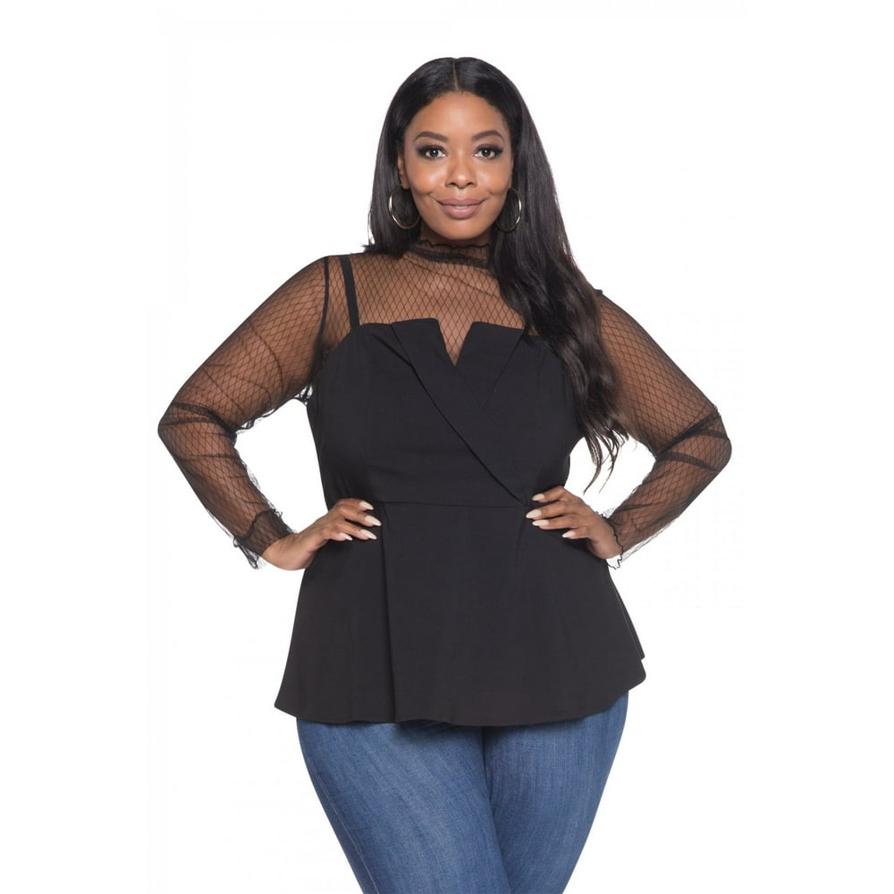 Buxom - Peplum Surplice Front Sheer Long Sleeve Plus Size Tops For ...