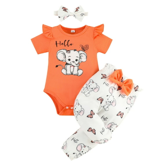 Toddler Kids Outfit Sets Headband Elephant Print Bodysuit And Bow Pants Set Kids Boys Girls Trendy Comfortable Outfits Sets,3Piece,9 -12 Months