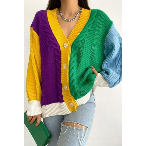 Button Down Long Sleeve Cardigan Sweater (XL, MultiGreen)