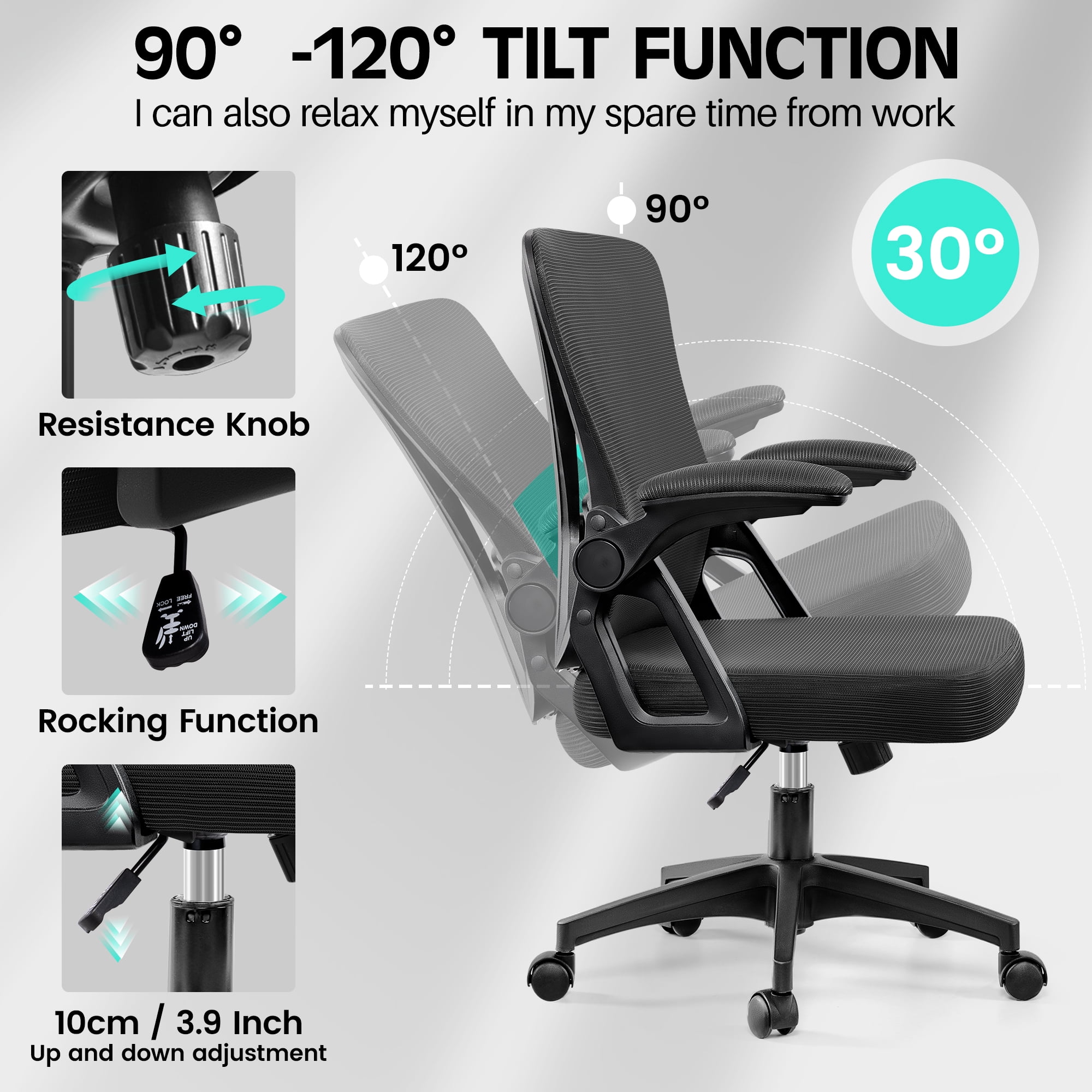 COOLHUT Office Desk Chair, 400LBS Ergonomic Mesh Rolling Work Swivel Task Chairs with Wheels, Comfortable Lumbar Support, Comfy Flip-up Arms for Home, Bedroom, Study, Student, 8-Years Warranty, Black