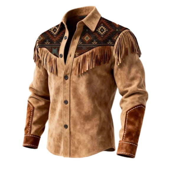 CONZONE Mens Western Cowboy Buttons Down Shirts Long Sleeve Tassel Shirts for Men Trendy Casual Graphic Lapel Soft Lightweight Tops