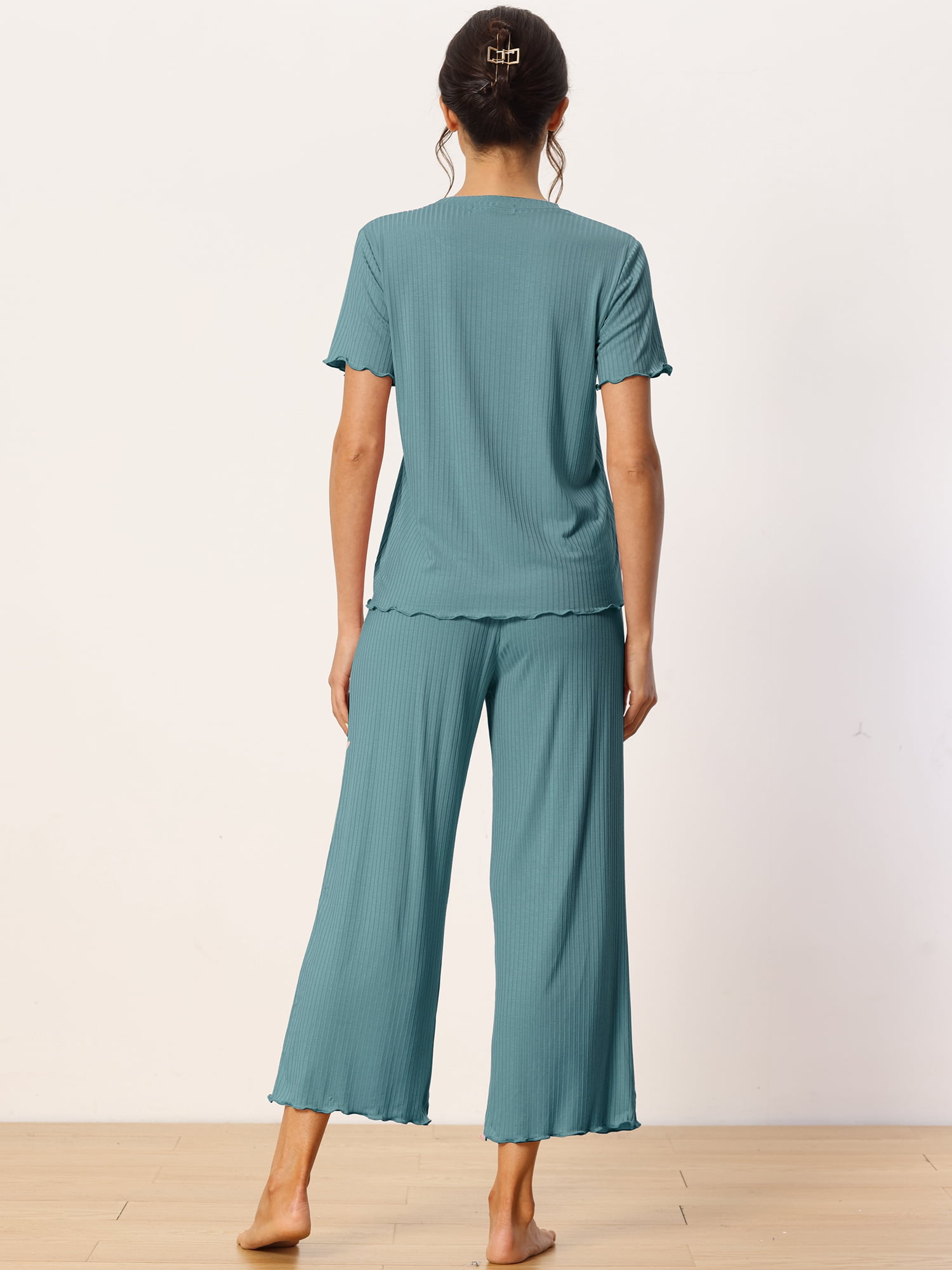 DARING DIVA Women's Ribbed Knit Round Neck Short Sleeve Pajamas Set XL Lake Blue