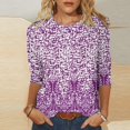 thumbnail image 2 of CHUANK Hauts en Tricot à Manches Longues pour Femmes Col Rond T-Shirt Décontracté pour Femmes Col Rond Manches 3/4 Chemise Ample Imprimée Blouse Hauts Chandail Imprimé à Enfiler Hauts Blouse à Rayures à Boutons Économies d'Été Cle, 2 of 5