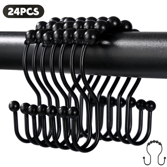 Godance Shower Curtain Hooks (Set of 24) - Stainless Steel Shower Curtain Rings, Black Shower Curtain Hooks Rust Proof - Anti Slip Roller Balls for Easy Glide (Double Hooks, Matte Black)