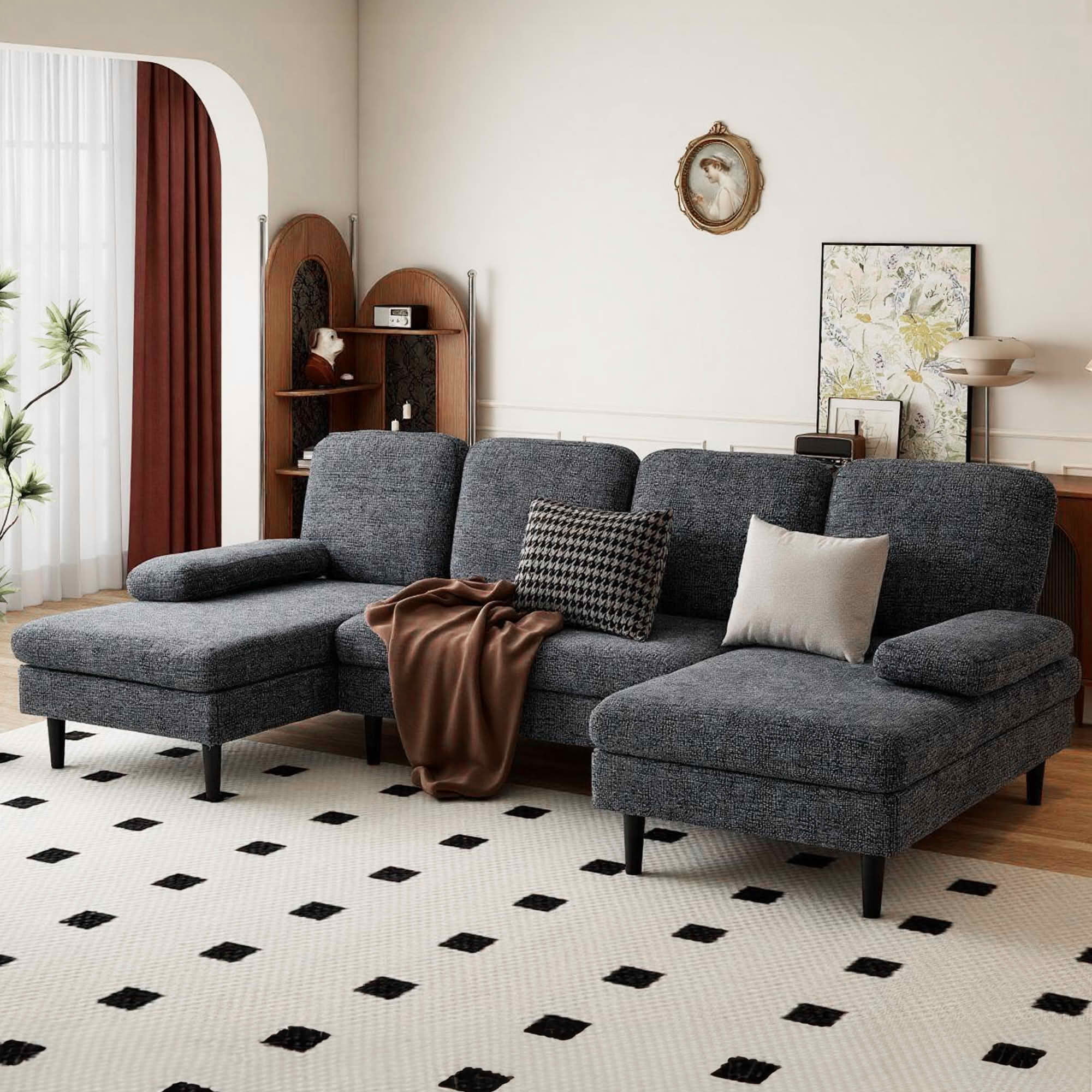 MAYEERTY U‑Shaped Double Lounge Combination Sofa, 4‑Seat Chenille Fabric Upholstered Sectional Couch for Home Living Room Furniture