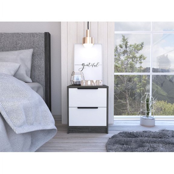 Xukmct 2 Drawers Nightstand with Metal Handle, Beside Table for Home, Bedroom,Office, White Gray