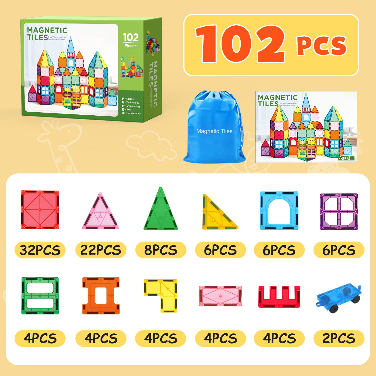 FunMagic Magnetic Tiles, 102Pcs Magnet Building Set,Magnetic Blocks, 3D STEM Stacking Toys, Magnets Toy for Kids Boys Girls