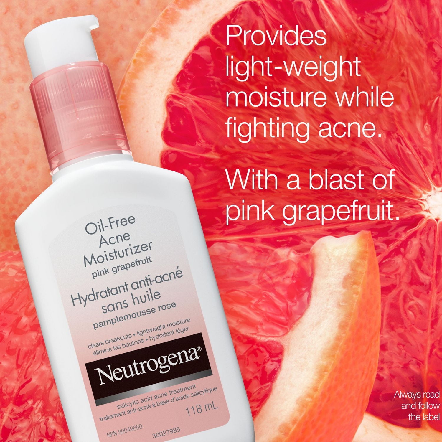 Neutrogena Oil Free Acne Moisturizer, Pink Grapefruit Face Moisturizer, 118 mL