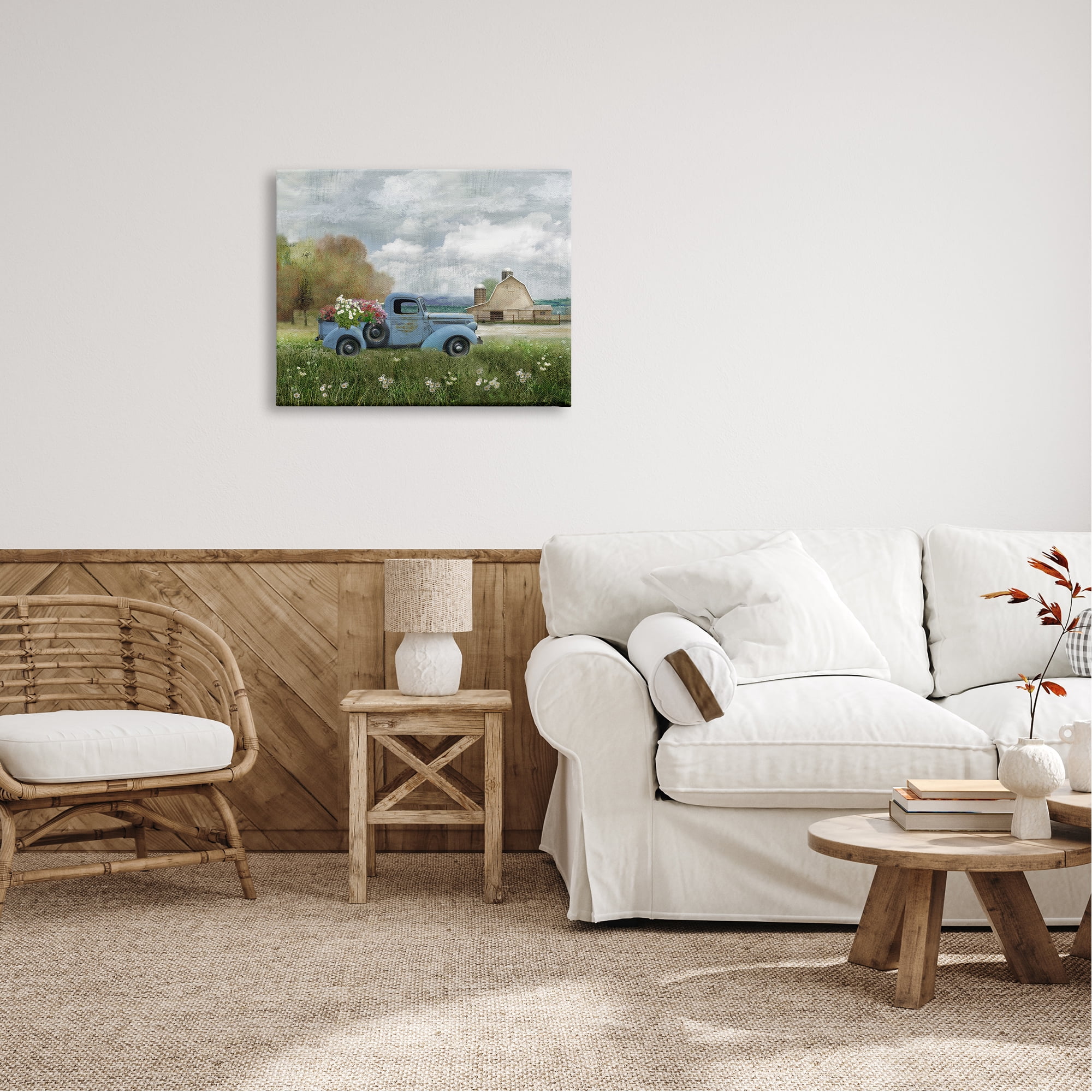 Stupell Industries Vintage Blue Truck Flower Bouquet Cloudy Sky Farmhouse Farmhouse Painting Gallery-Wrapped Canvas Print Wall Art, 30 x 24, Design by Nan