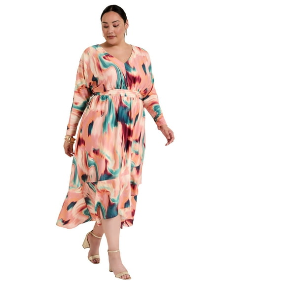 June & Vie Women's Plus Size Ruffled Dolman Sleeve Maxi Dress