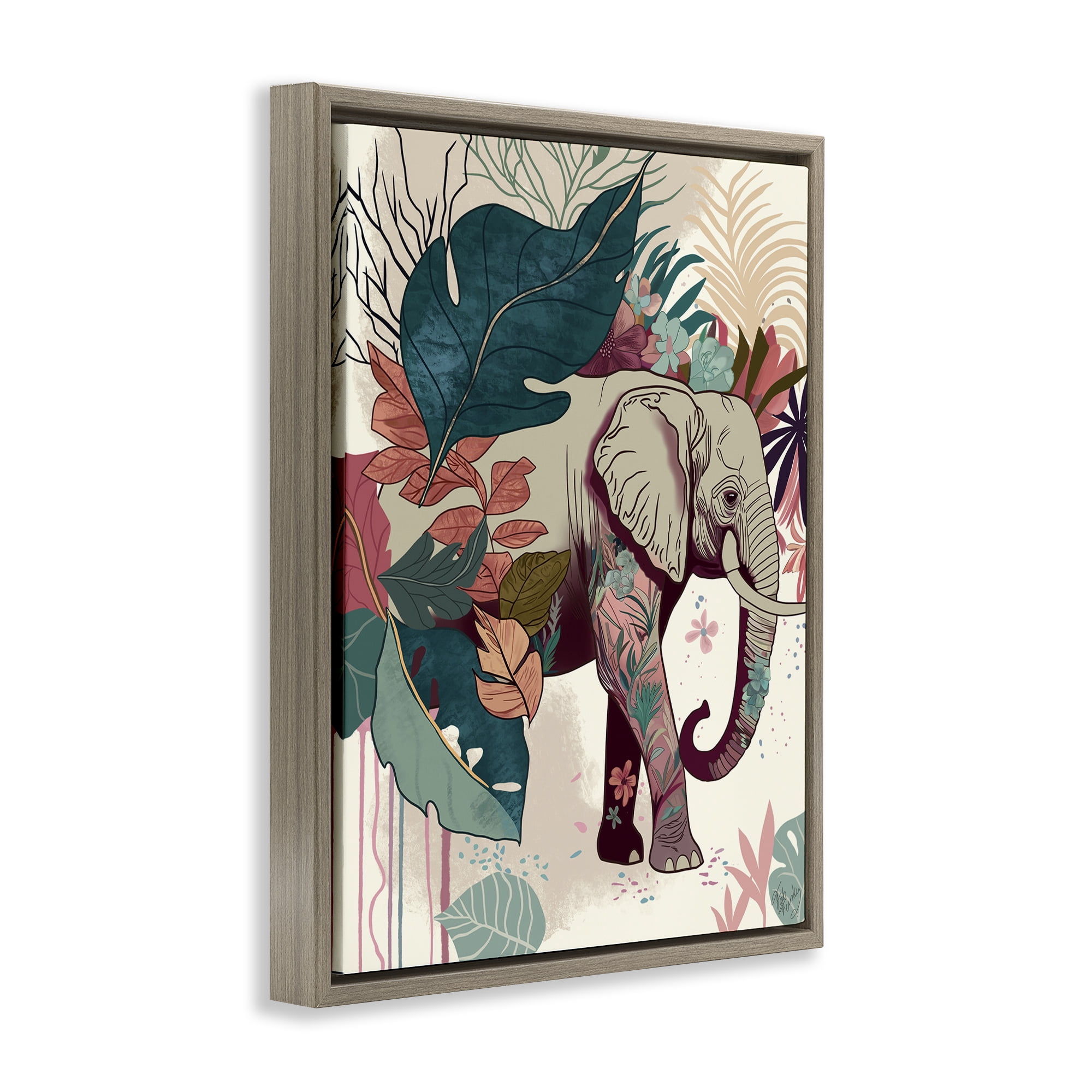 Stupell Industries Elephant & Tropical Leaves Animals & Insects Painting Brown Floater Framed Canvas Art Print Wall Art, 25 x 31