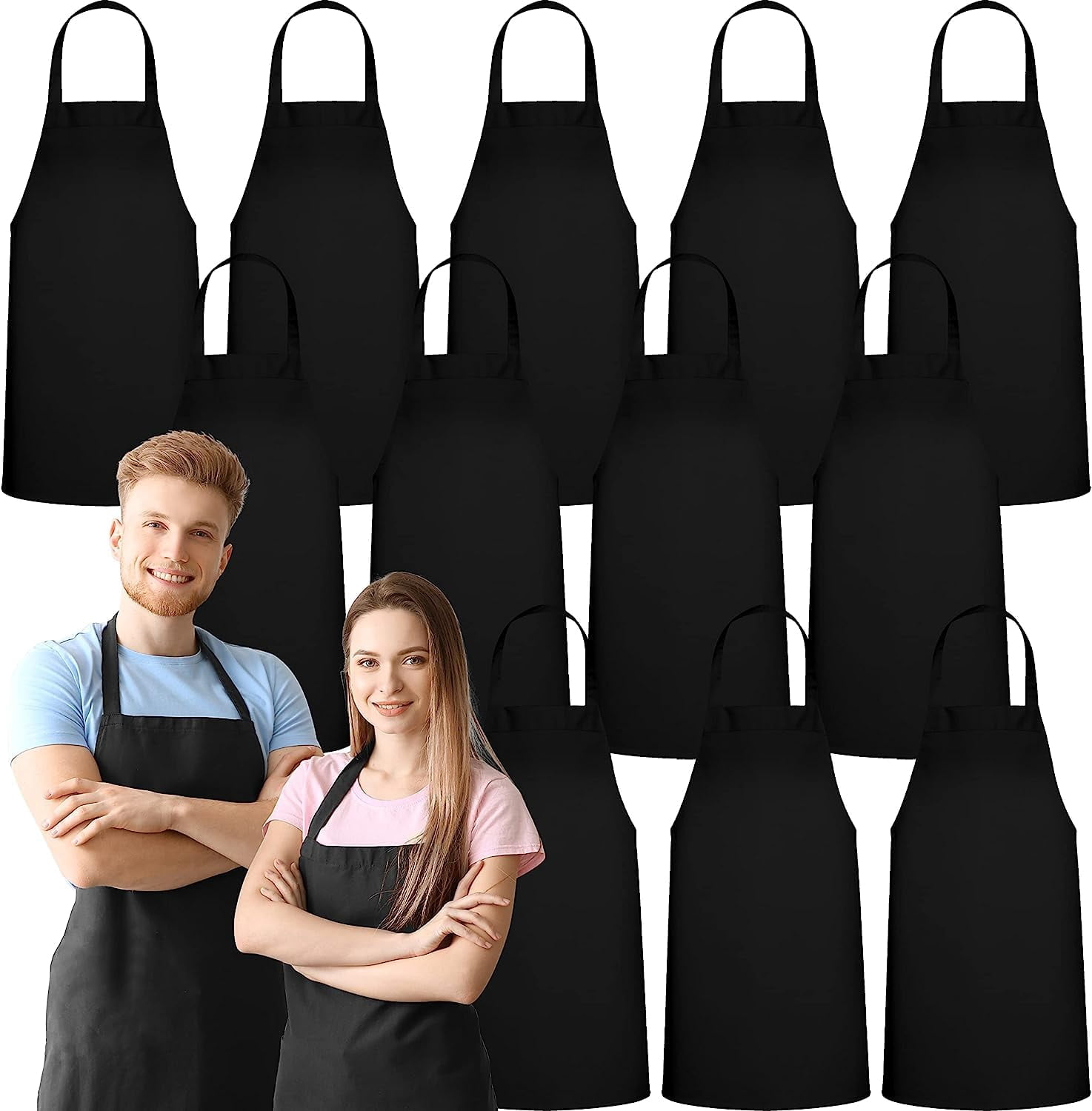 12 Pack No Pocket Black Bib Aprons for Cooking, BBQ and Commercial Use
