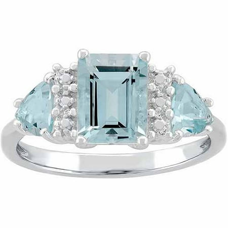 Blue Topaz Sterling Silver Side Trillions and Emerald-Cut Center Three-Stone Ring