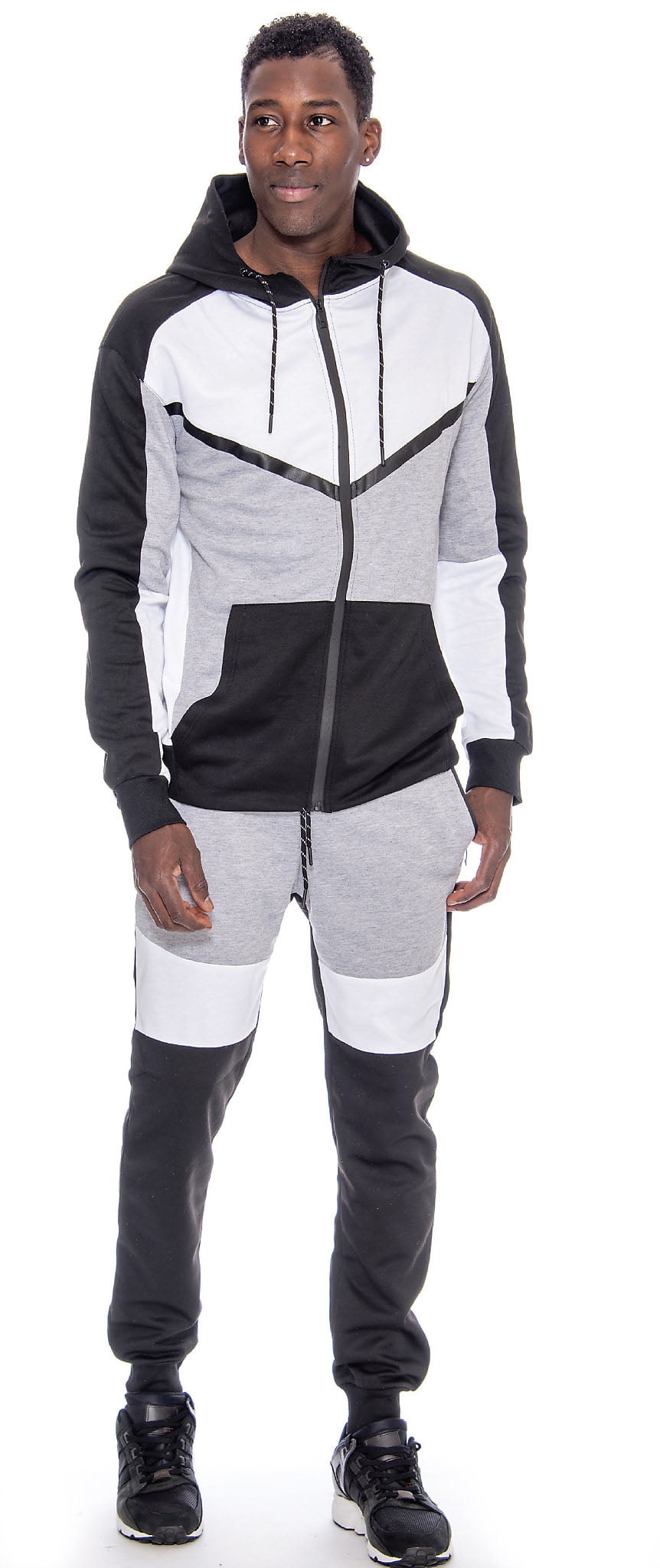 9 Crowns - 9 Crowns Men's LightWeight Tech Sweat Suit Hoodie Pants Set (Large, Black/White